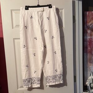 White Linen Crop Pants with Navy Floral Embroidery